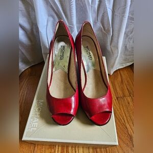 Michael Kors Red Patent Leather Peep Toe Wedges size 7